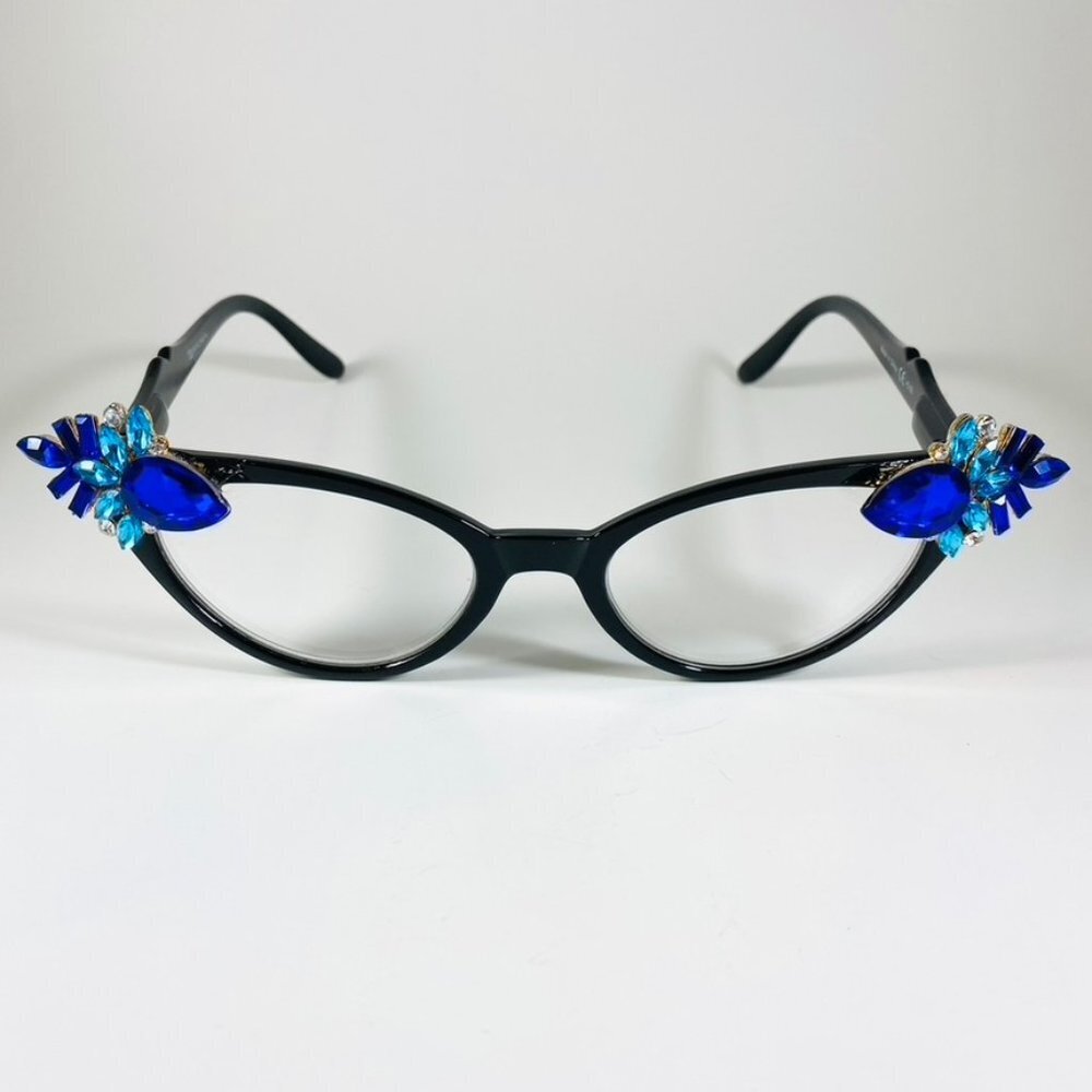 Vixen Readers shiny Jet frames with bright blue and aqua rhinestones +.50